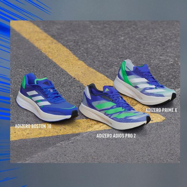 adidas adizero競速跑鞋台北馬指定配色「Sonic Ink」，以電光藍為主調，炫光綠點綴其中