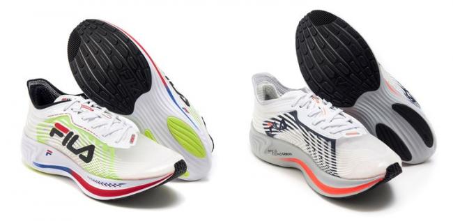 (左) FILA RACER CARBON 男專業慢跑鞋，型號：1-J038W-142 / FILA RACER CARBON 女專業慢跑鞋，型號：5-J038W-192。定價NTD$3,980